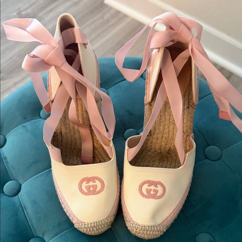 Gucci Pink and Cream Ribbon Espadrilles - NEVER WORN